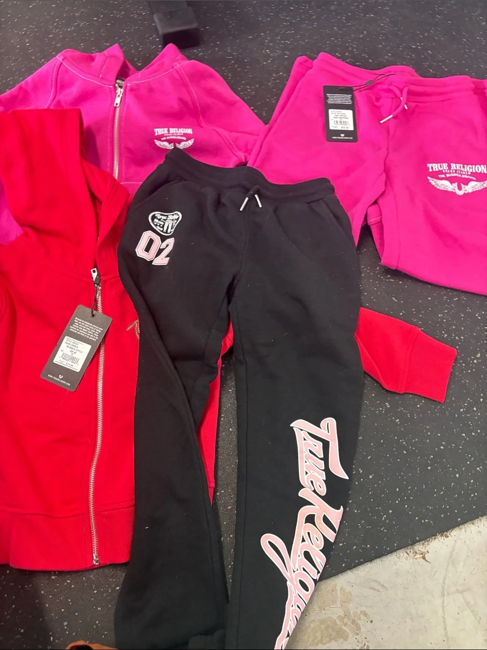NWT Kids LOT True Religion Kids Girls Bright Pink Red Fleece Jacket & Sweatpant